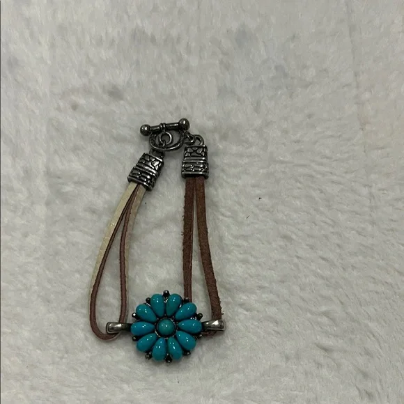 Turquoise Flower Bracelet with Brown Strap - Picture 1 of 1